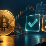 Pièce de Bitcoin face à deux options de prédiction, illustrées par une coche et une croix, sur fond de marché financier.