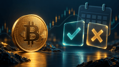 Pièce de Bitcoin face à deux options de prédiction, illustrées par une coche et une croix, sur fond de marché financier.