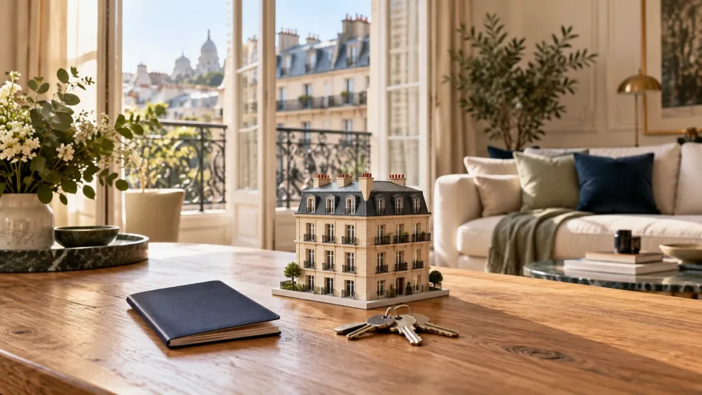 Maquette d’un immeuble et clés posées sur une table dans un appartement parisien lumineux.