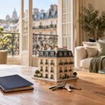 Maquette d’un immeuble et clés posées sur une table dans un appartement parisien lumineux.