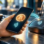 Paiement en cryptomonnaie par smartphone sur un terminal sans contact dans un café.