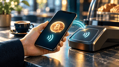 Paiement en cryptomonnaie par smartphone sur un terminal sans contact dans un café.
